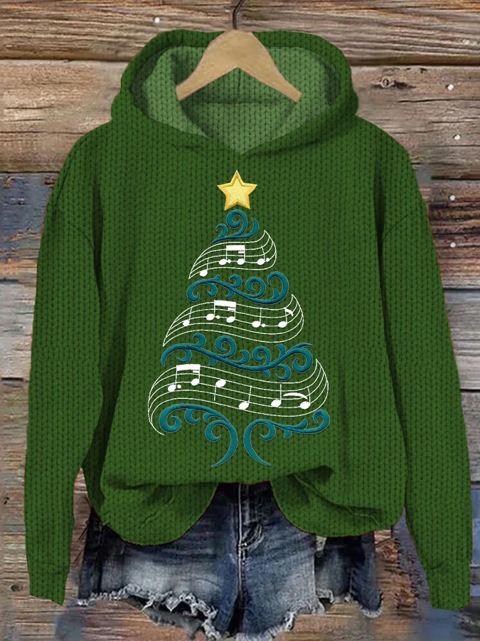 Music Note Christmas Tree Embroidery Knit Hoodie