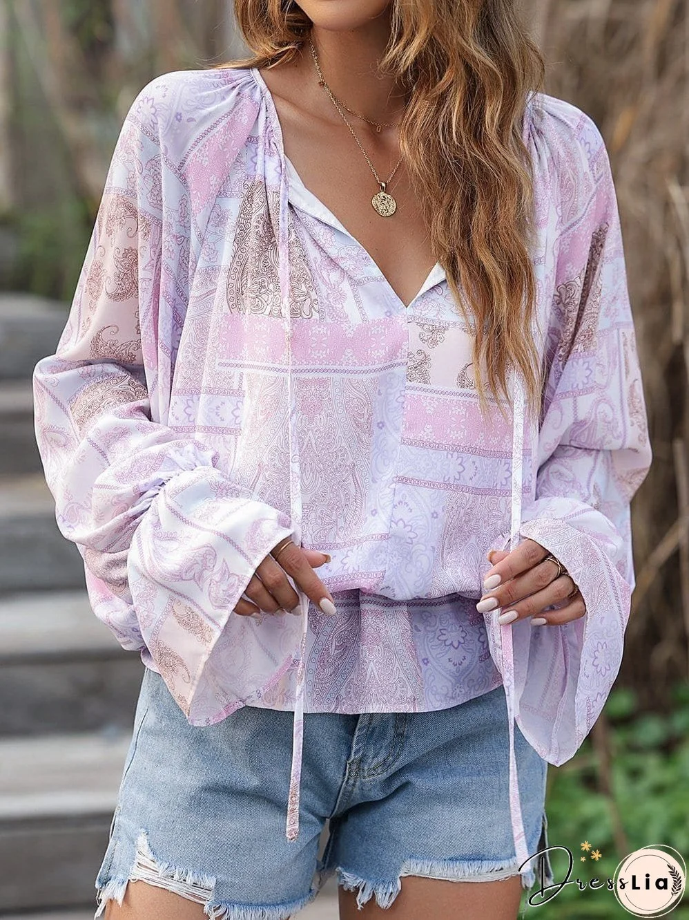 Boho Chic Purple Ruffle Sleeve Peplum Blouse