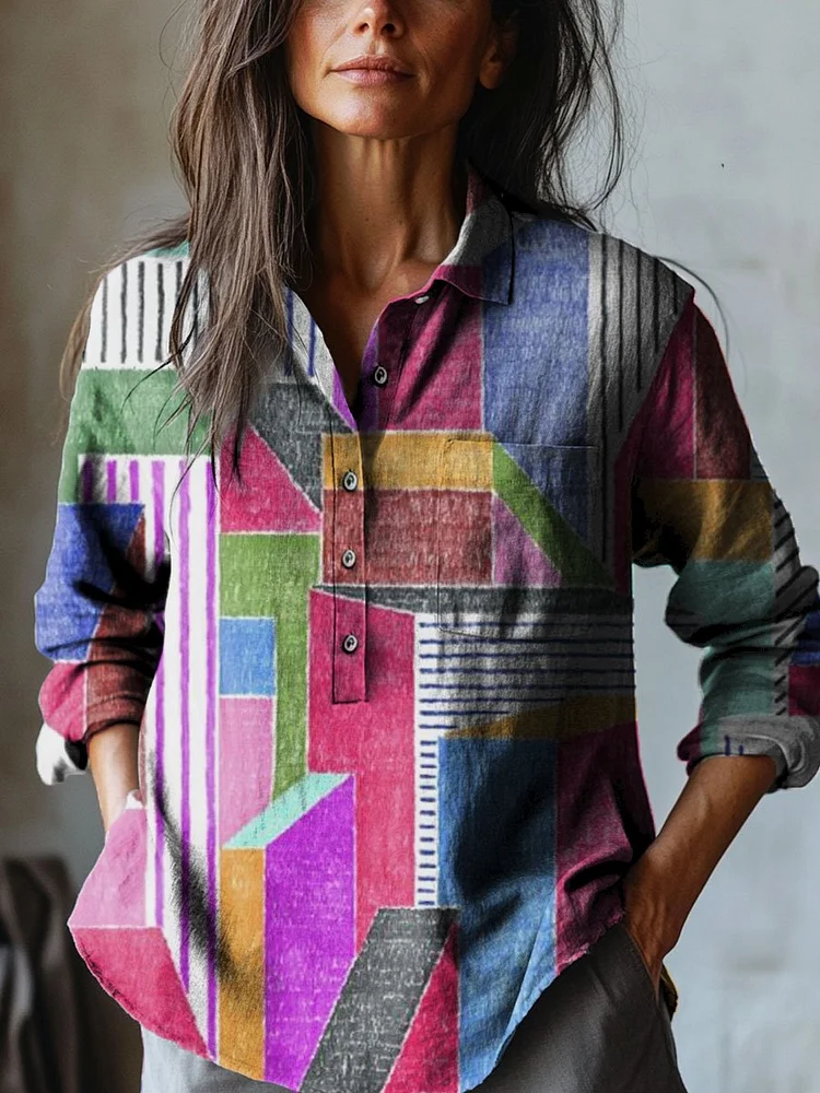 Women's Abstract Multi Color Block Art Print Casual Cotton And Linen Shirt