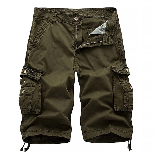 Army green multi-pocket cargo knee shorts