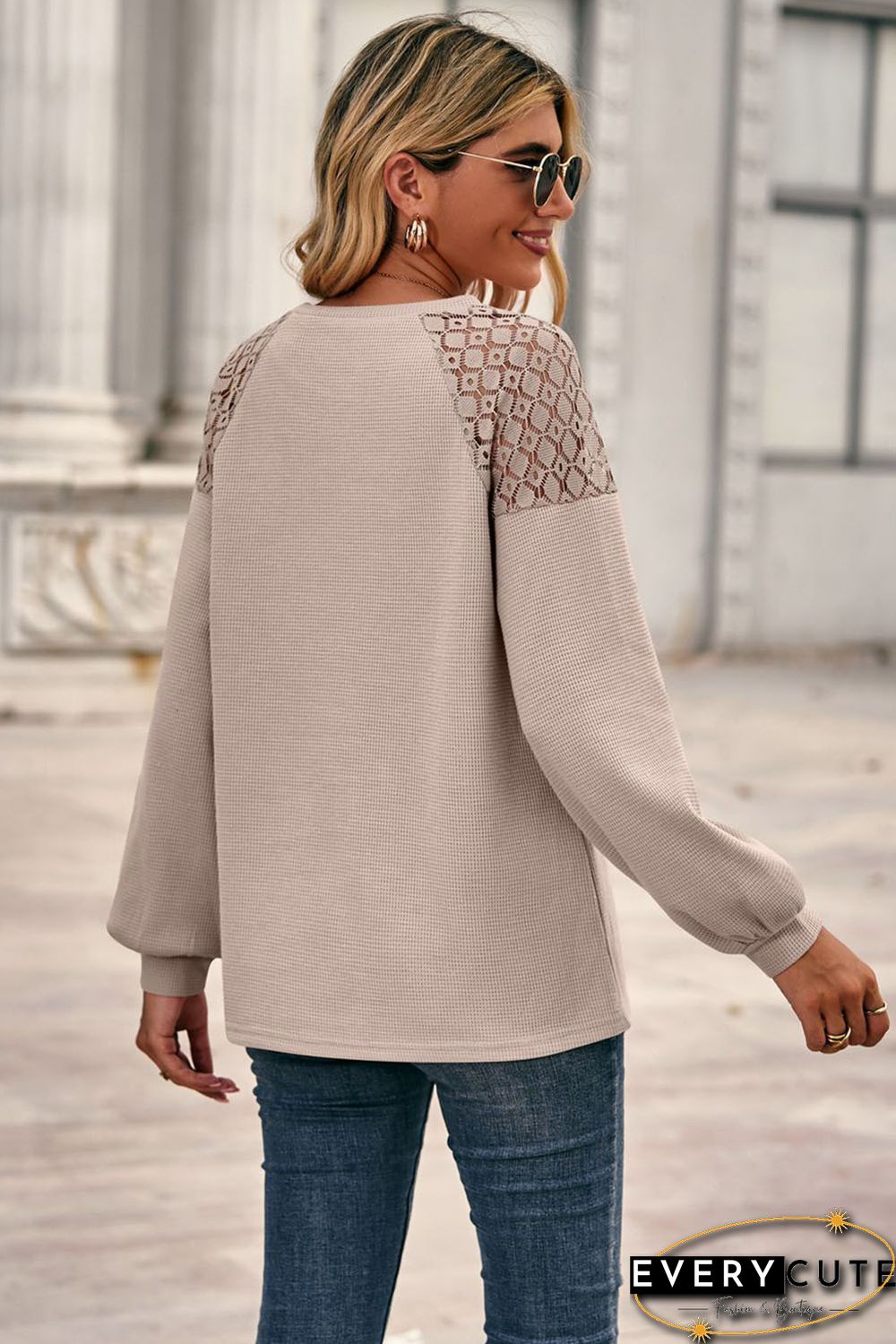 Khaki Lace Shoulder Patch Waffle Knit Long Sleeve Top