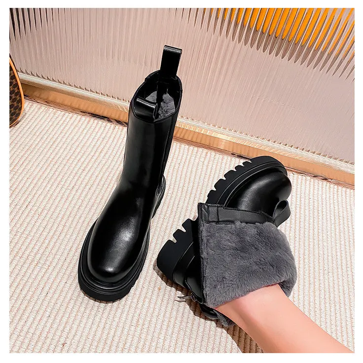 Korea Simple Zipper Artificial plush Heels Martin Boots Shoes