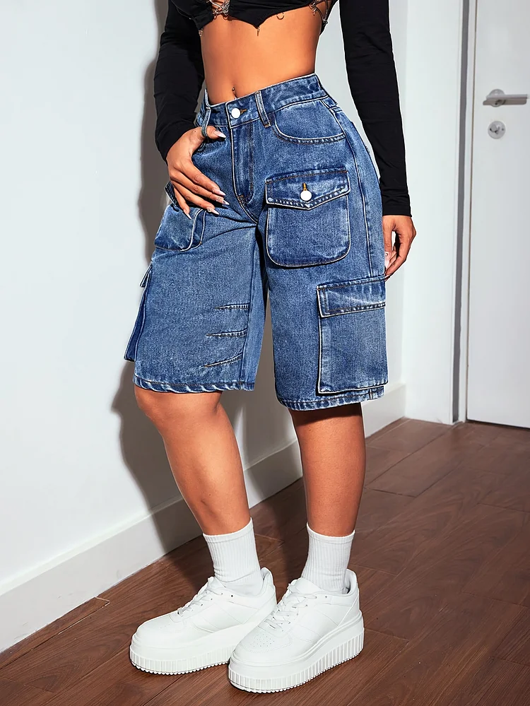 Women's High-Waisted Denim Bermuda Shorts - Casual Summer Jeans With Pockets, Washed Blue Finish, Non-Stretch Fabric, Perfect For Casual Attire, Casual Summer Wear | Highwaisted Shorts | Nylon Blend Fabri
