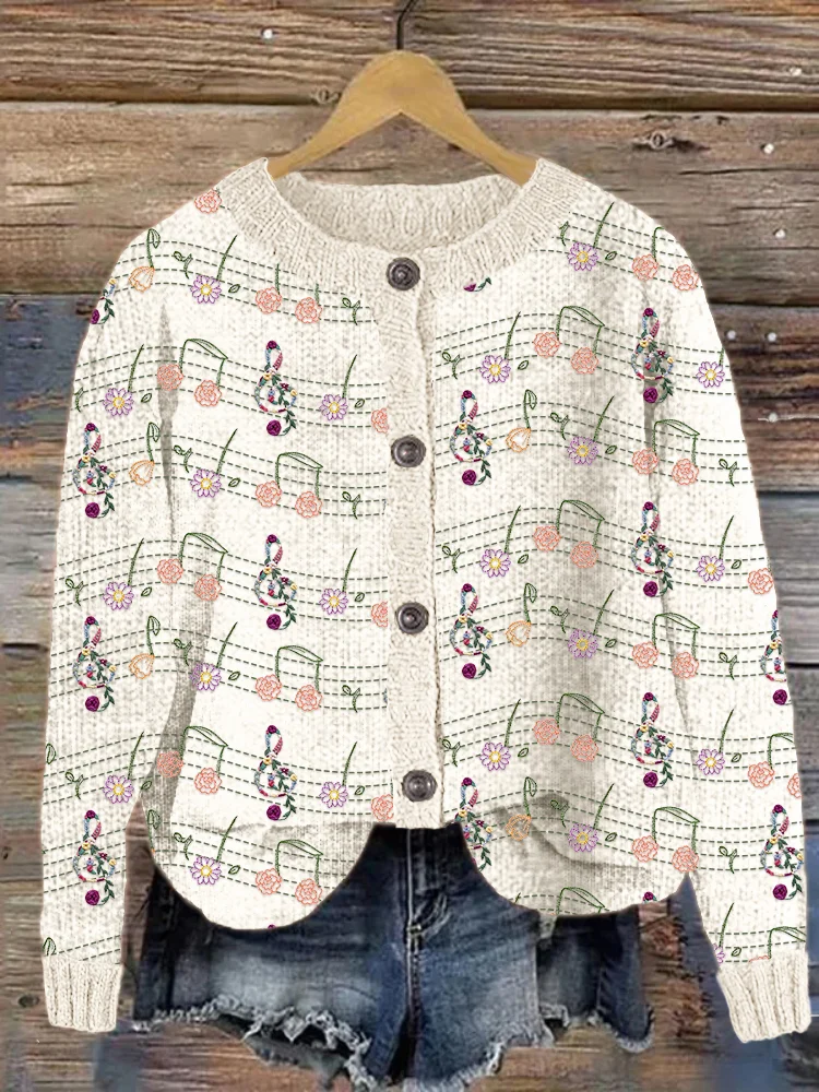 Music Floral Casual Cozy Knit Cardigan
