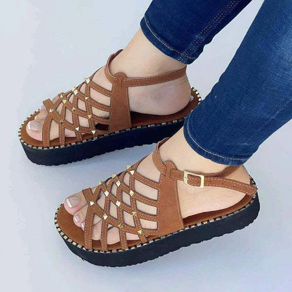 Qengg Women Platform Shoes 2022 New Summer Hollow Fish Casual Sandals Wedge Heel Cross Straps Roman Sandals Plus Size Women's Shoes