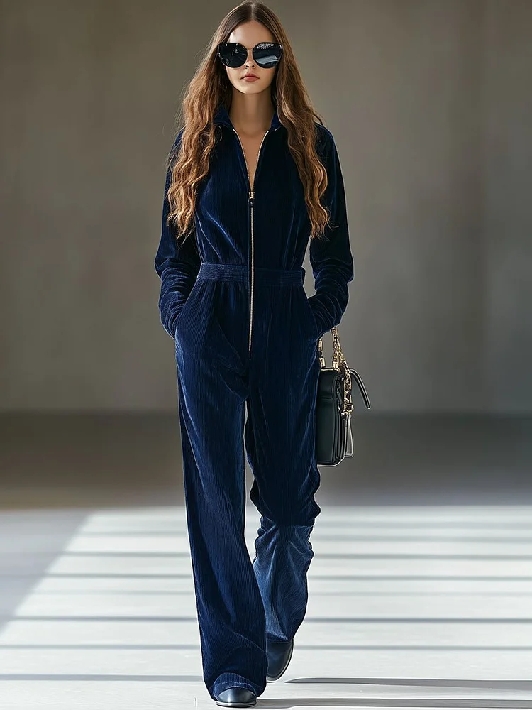 【24-hour shipping out】Casual Loose Vintage Corduroy Elastic Waist Zipper Jumpsuit