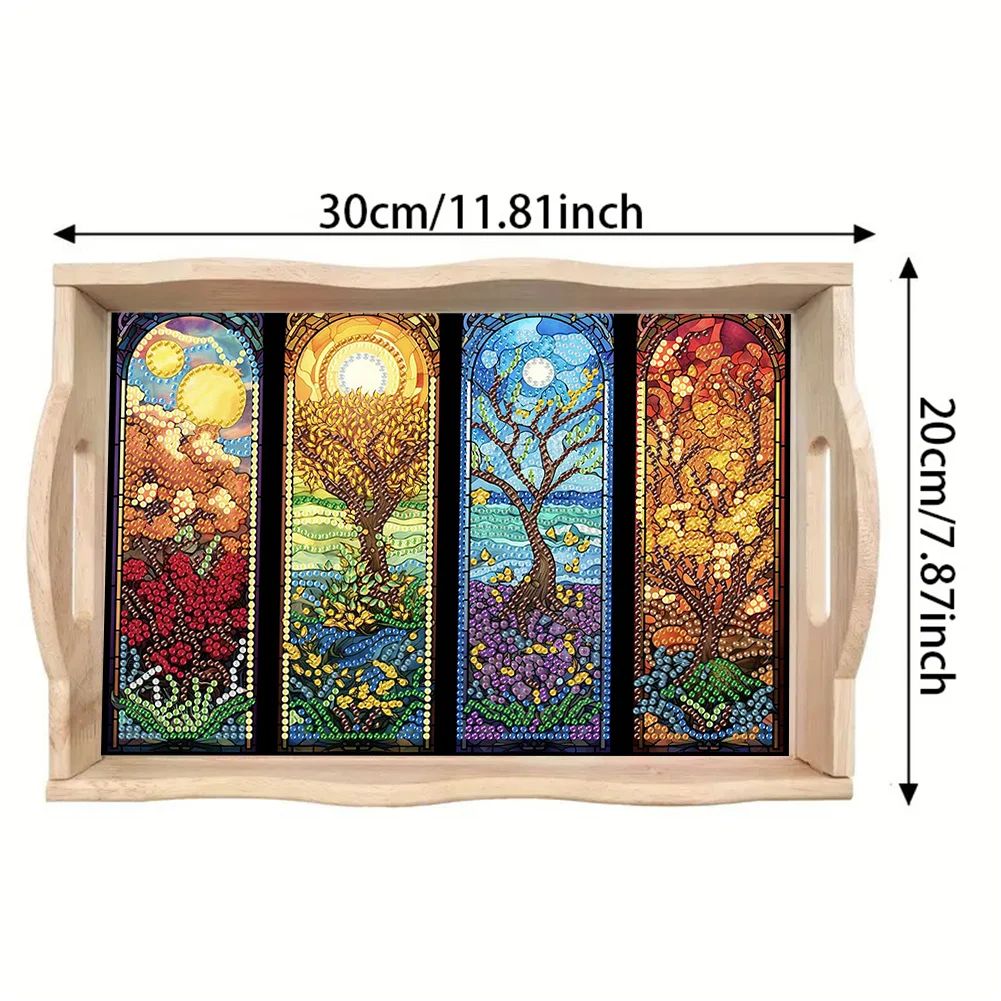 5D DIY Wooden Four Season Tree Diamond Painting Tray Art Craft for Desk Coffee Table Serving Tray Diamond Art Dining Plate
