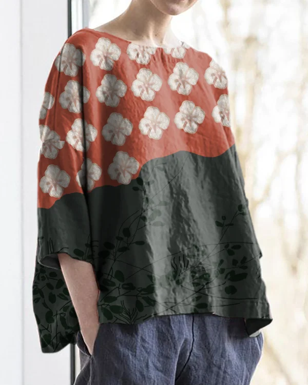 Retro Japanese Art Print Round Neck Cotton and Linen Loose Top