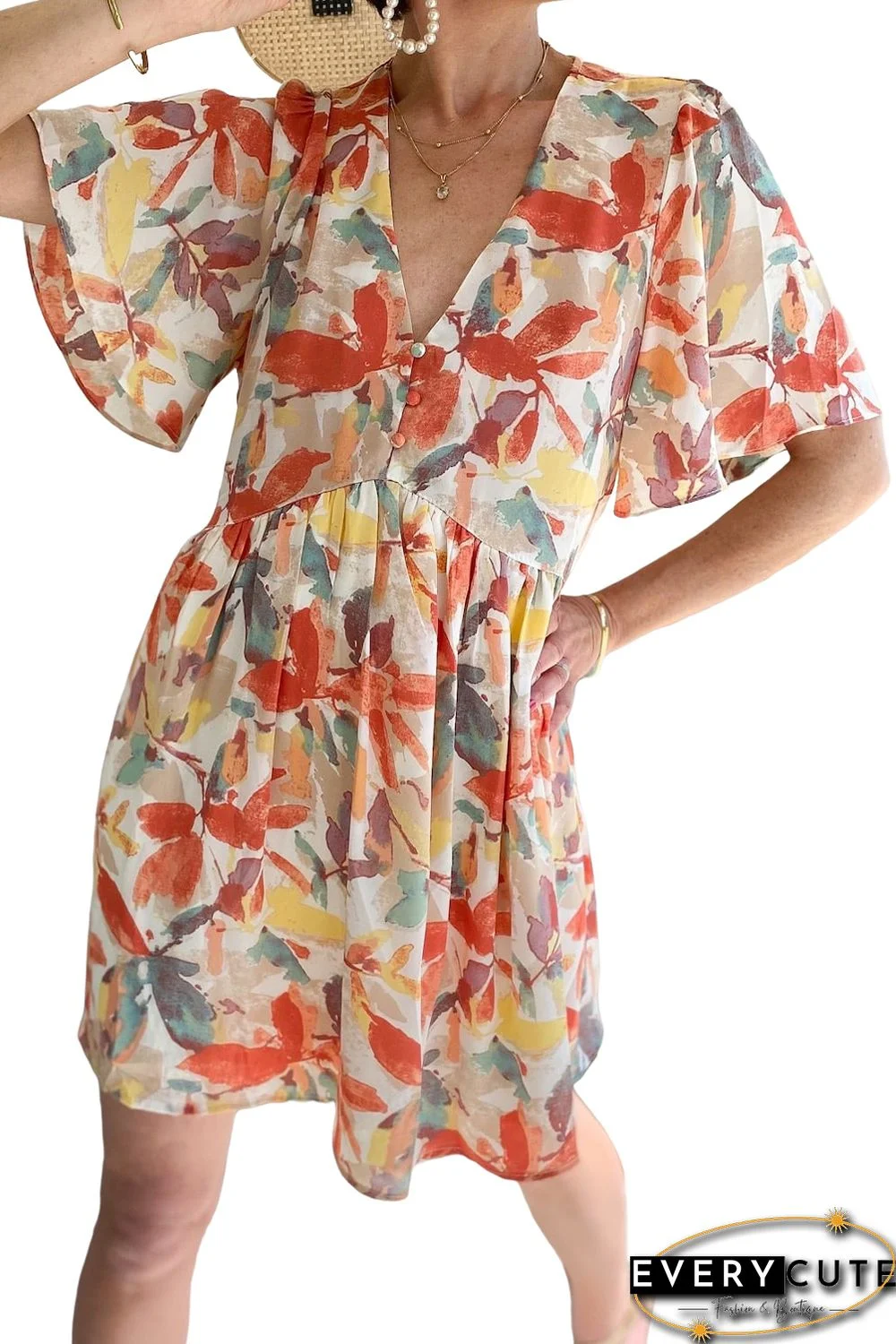 Multicolor Summer Floral Button V Neck Ruffle Flowy Dress