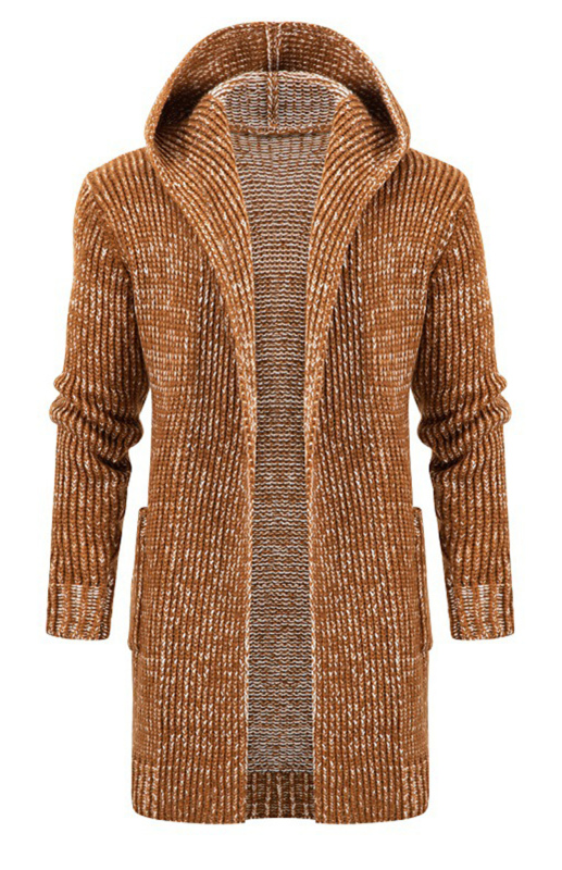 Mature Men Autumn And Winter Fashion Mid Length Hooded Knit Cardigan Horn Buckle Hooded Long Sweater