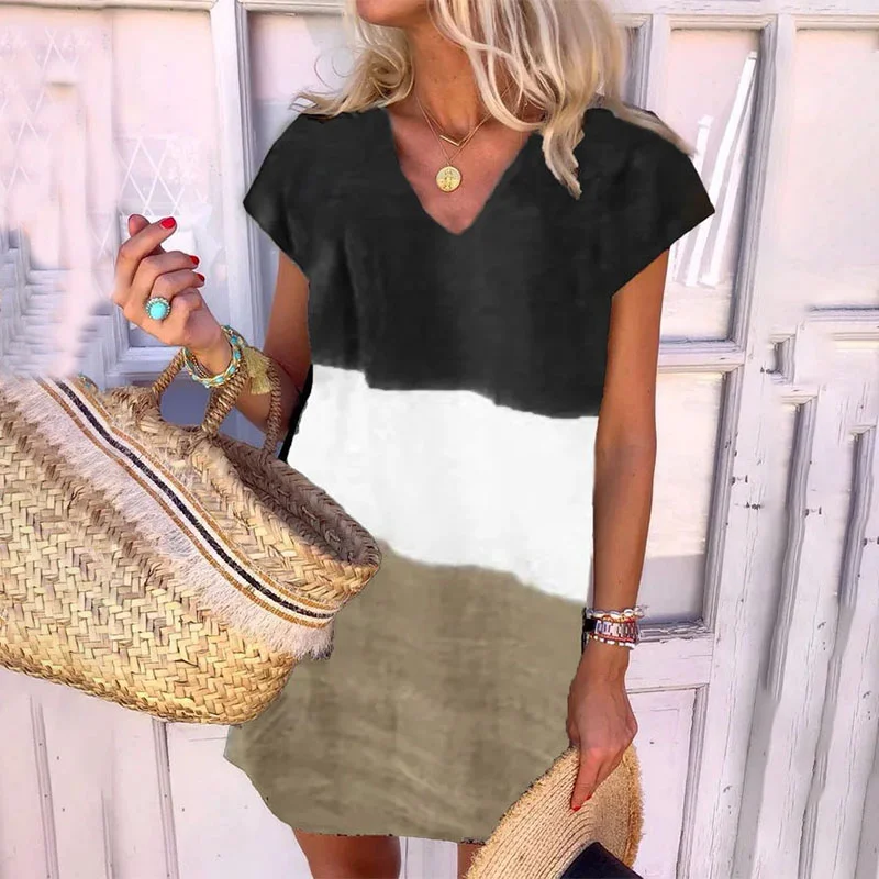 Short sleeve v-neck color block dress