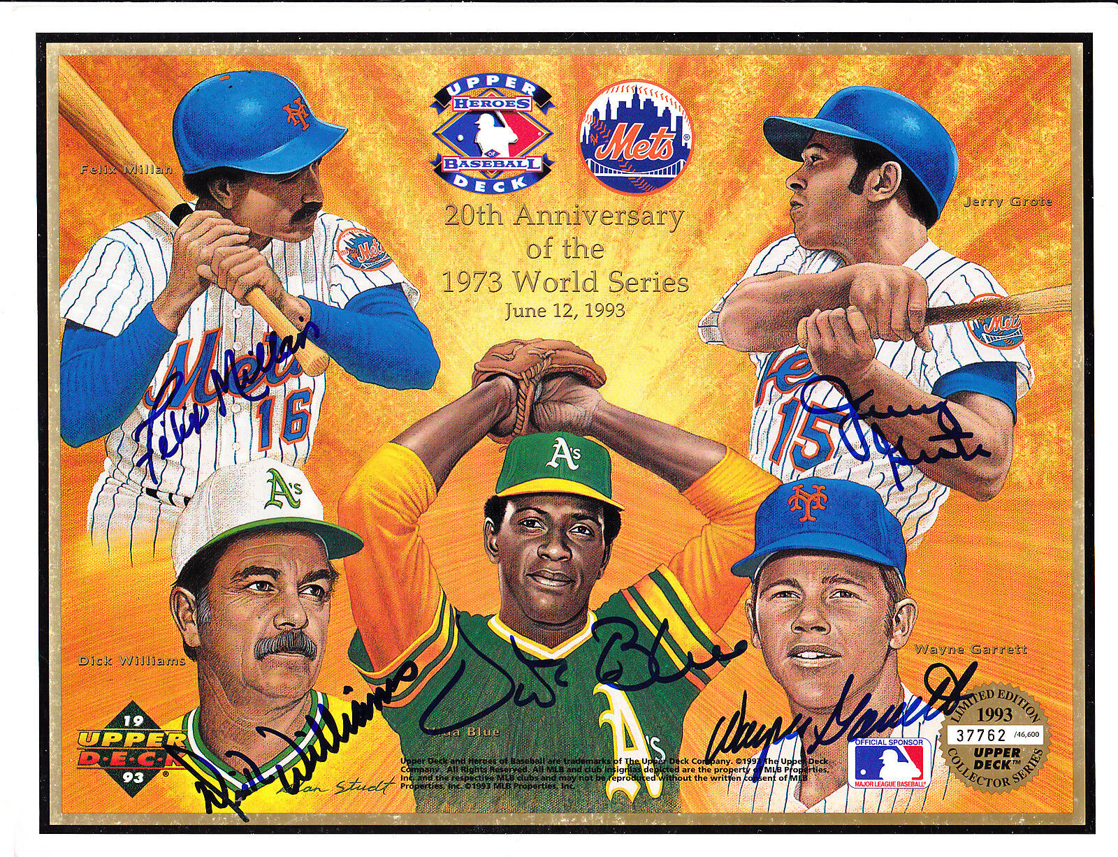 BLUE, WILLIAMS, MILLAN, GROTE, GARRETT SIGNED UPPER DECK 1973 WORLD SERIES SHEET