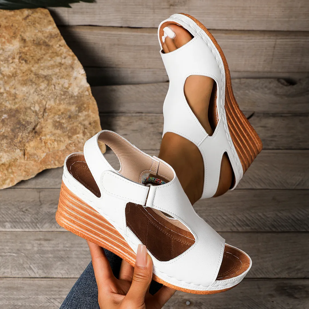 Breakj Breakj New 2025 Large-Size Sandals Women's Car Sewing Breathable Magic Sticker Hollow Slope Heel Sandals Woman
