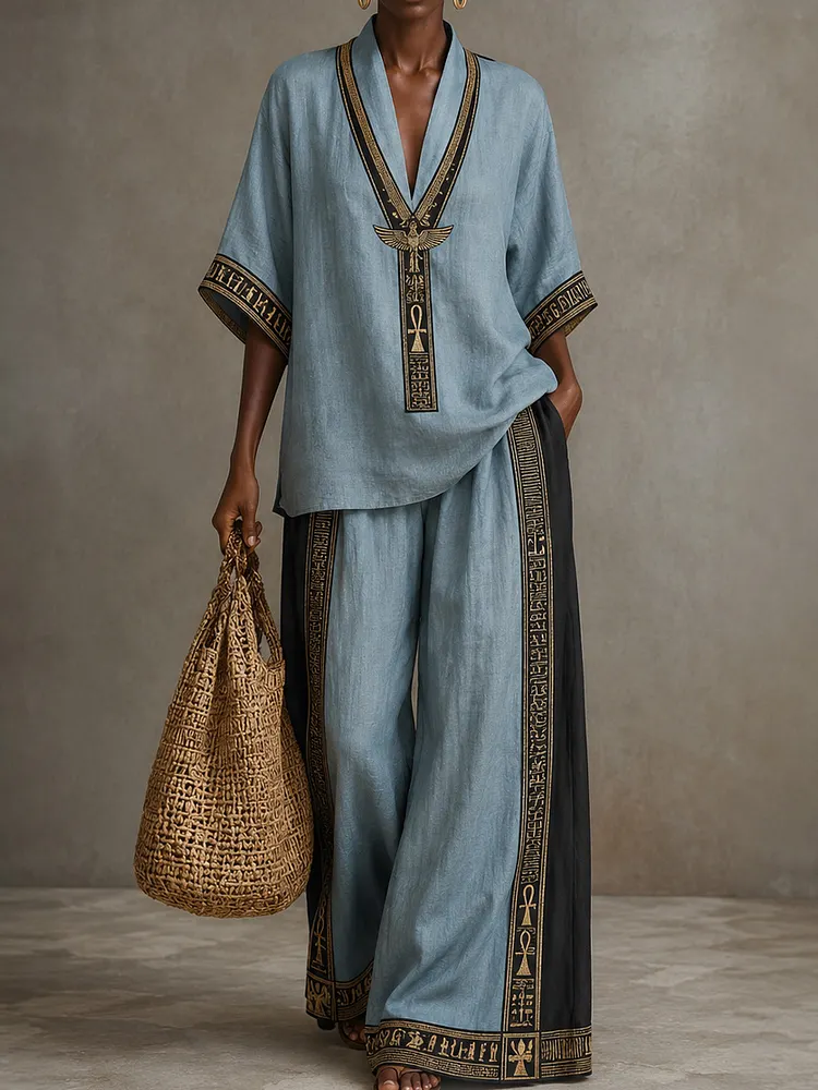 Women&rsquo;s Mist Blue Egyptian Revival Two-Piece Outfit with Black Gold Trim and Palazzo Pants