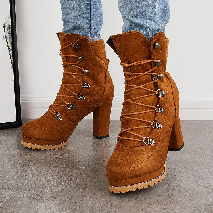 Brown Chunky Platform High Heel Booties Lace Up Ankle Boots
