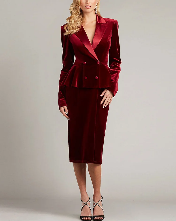 Velvet Peplum Tuxedo Dress and Skirt Two-piece Set
