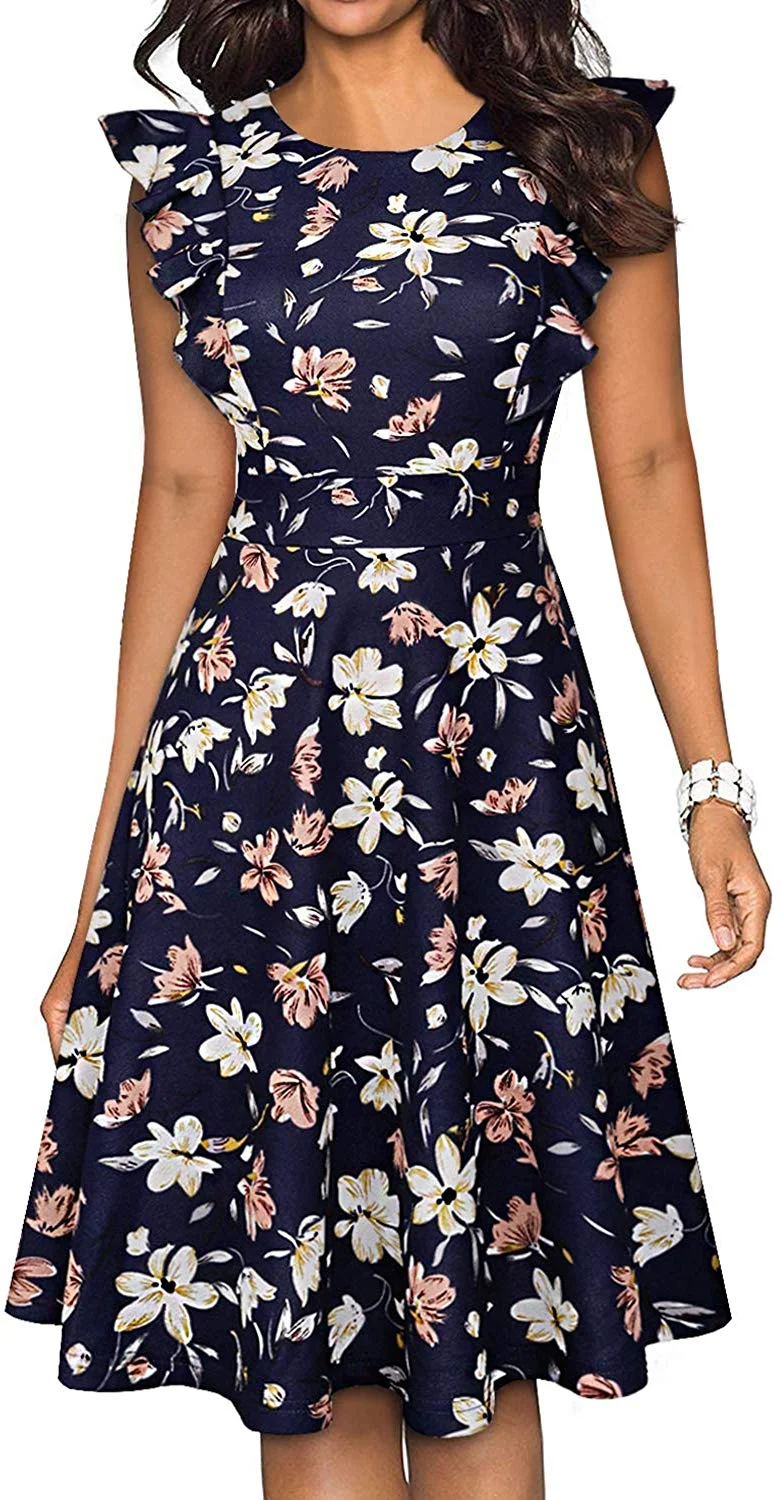 Women's Vintage Ruffle Floral Flared A Line Swing Casual Cocktail Party Dresses