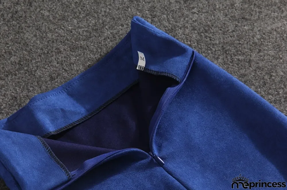 Winter Blue Velour Back Slit High Waist Pencil Skirt