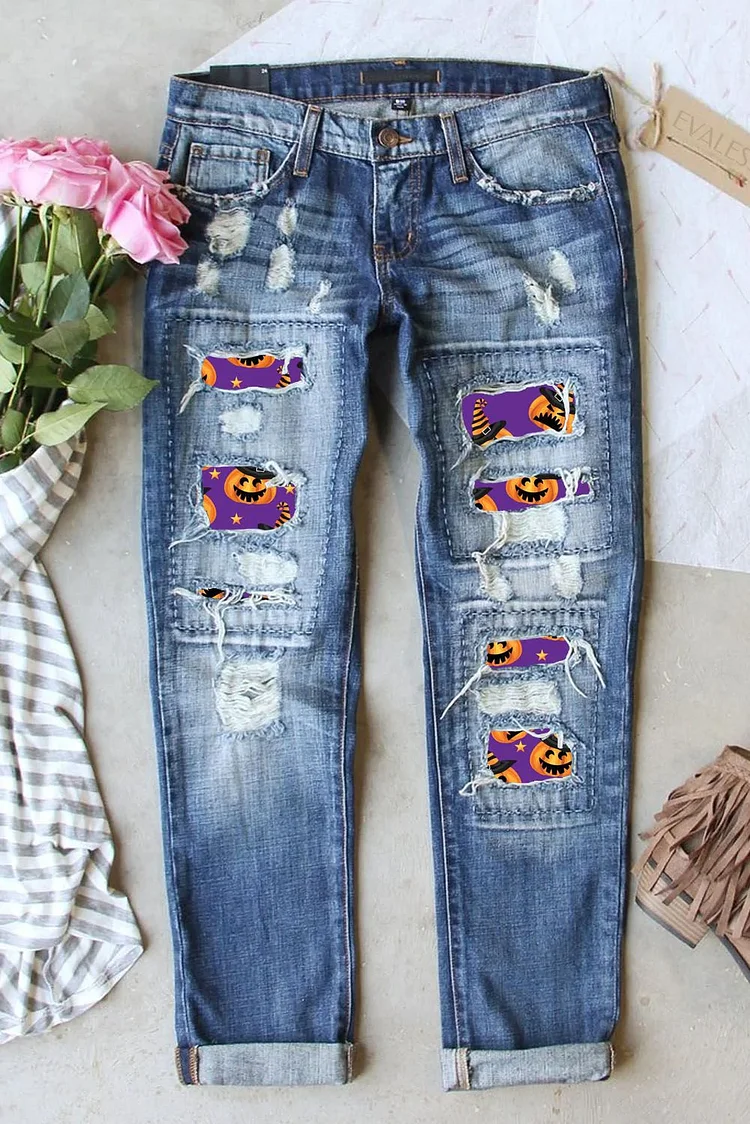 Halloween Distressed Patchwork Straight Leg Jeans