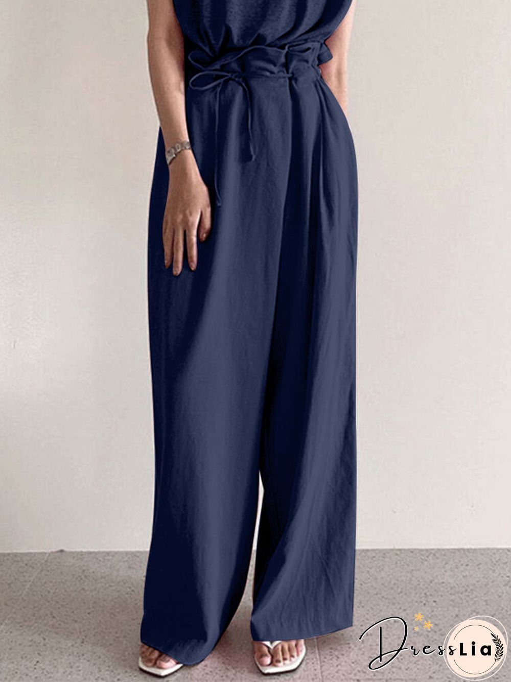Ruffle Waist Solid Pocket Casual Loose Wide Leg Pants