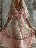 Women's Vintage Pink Floral Art Embroidered Flowy Maxi Dress