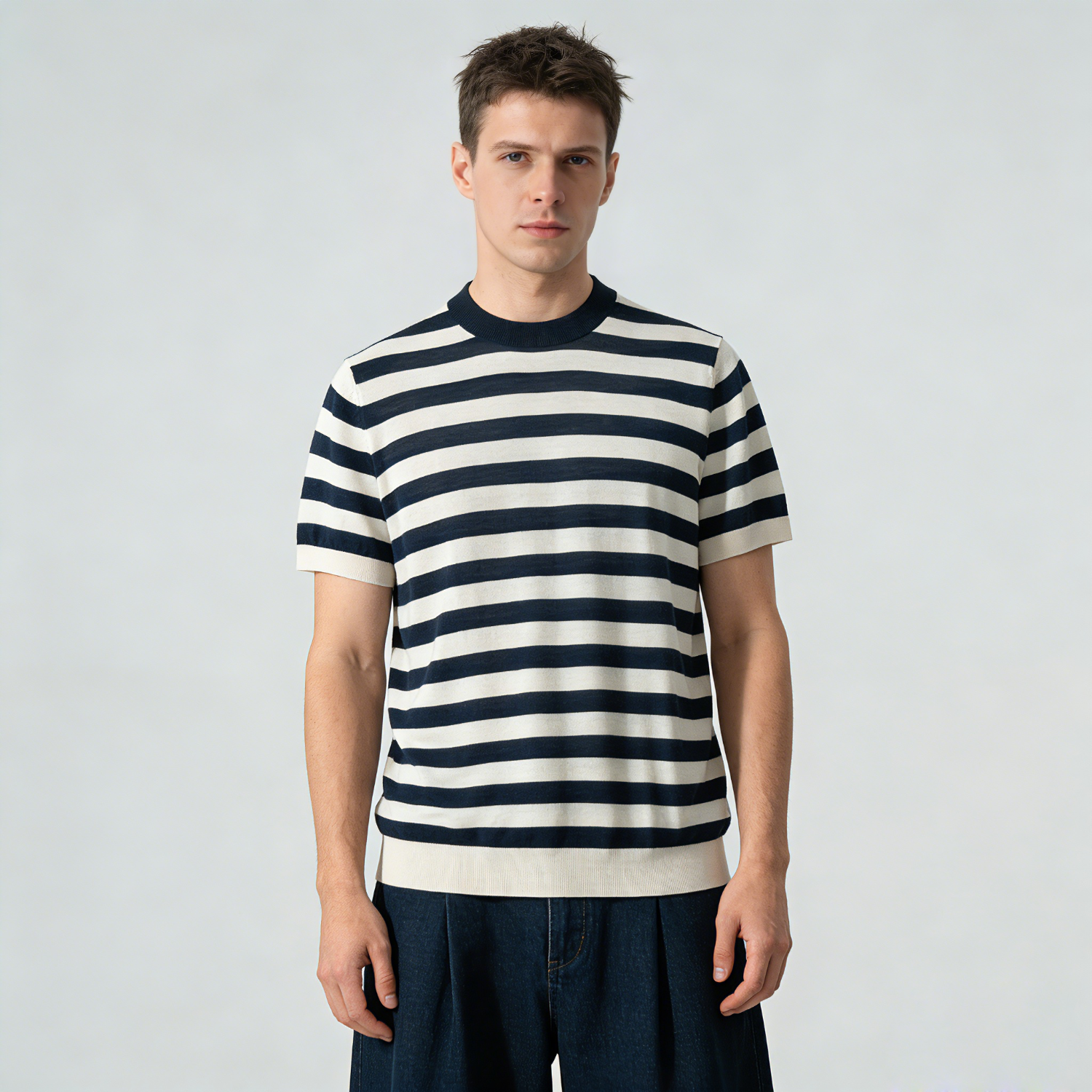 Men's Striped Silk Cashmere Shirt Sweater Short Sleeve | Spring Summer REAL SILK LIFE
