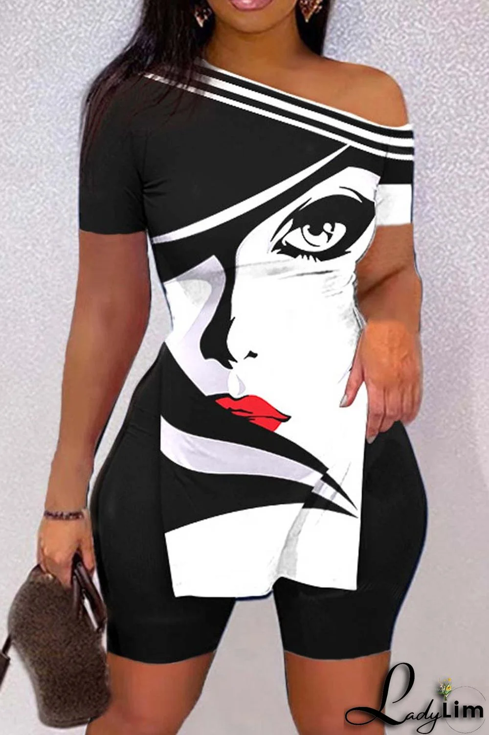 Black Casual Print Slit Oblique Collar Short Sleeve Two Pieces