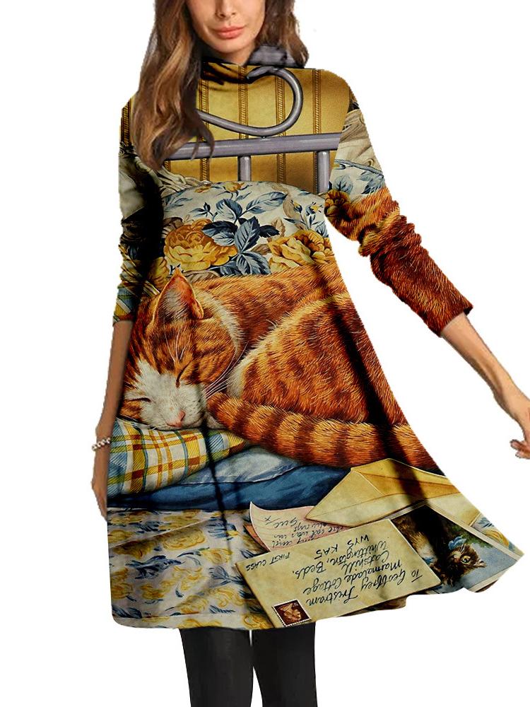 Women Long Sleeve Scoop Neck Printed Midi Dress
