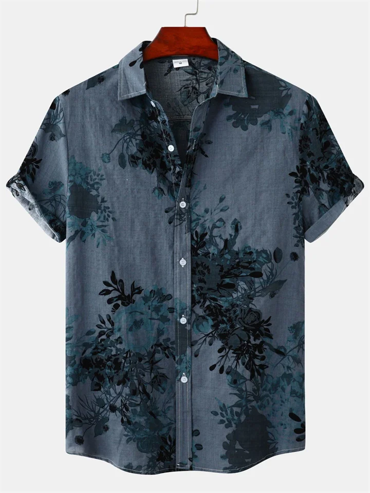 Spring and Summer New Floral Men's Short-sleeved Lapel Shirt Loose Casual Men's Personality Wind Printed Shirt-Cosfine