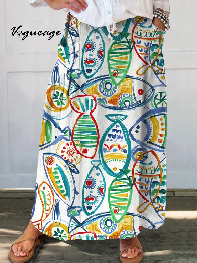 Watercolor Line Fish Printed Women's Casual Cotton And Linen Skirt