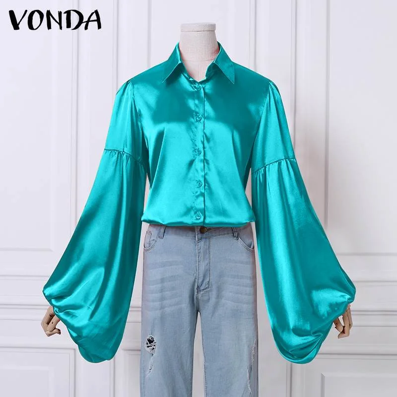 VONDA 2022 Ladies Office Blouse Elegant Puff Sleeve Blouse Spring Autumn Tops Blusas Femininas Casual Lapel Collar Shirts Femme