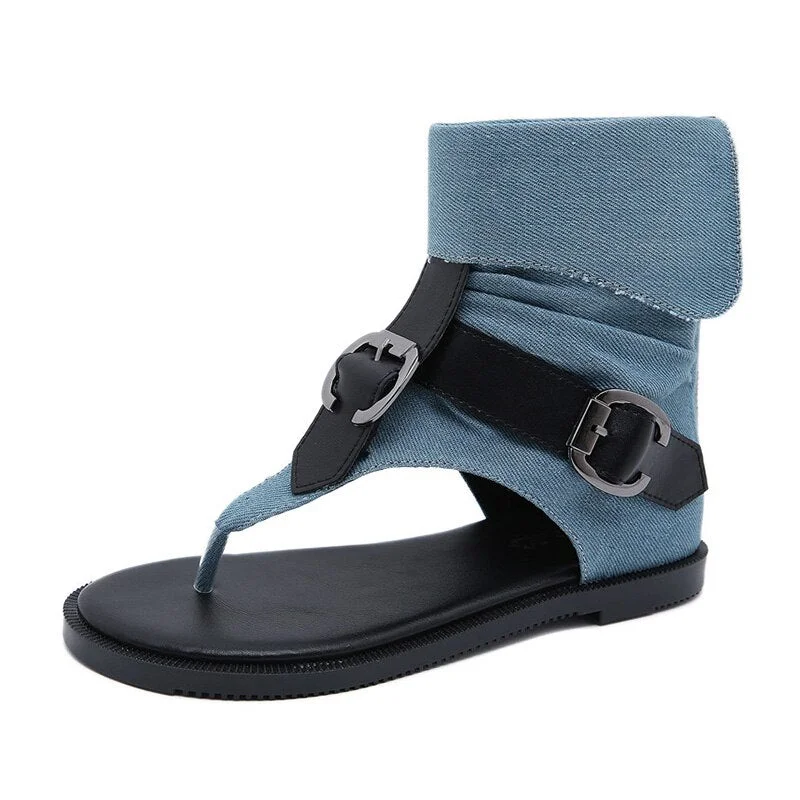 Gdgydh Fashion Buckle Summer Flat Sandal For Women Flip Flops Ankle Strap Denim High Quality Rome Style Beach Sandals Female