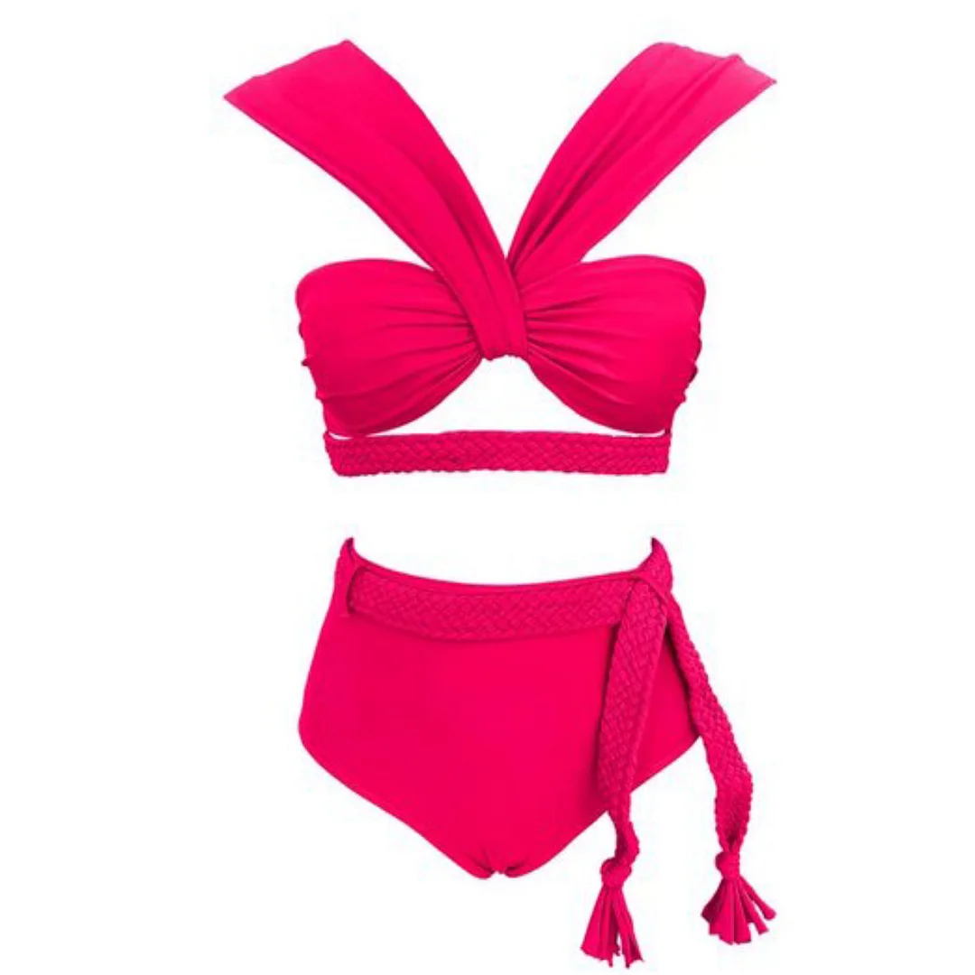 Uveng Solid Color Choreette Tied High-Waisted Bikini INS Split Swimsuit Women 2025 New Bikini