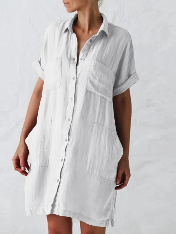 Women'S Dresses Lapel Short Sleeve Pocket Shirt Dress