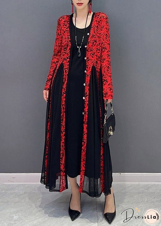 French Red O-Neck Print Tulle Maxi Dresses Spring