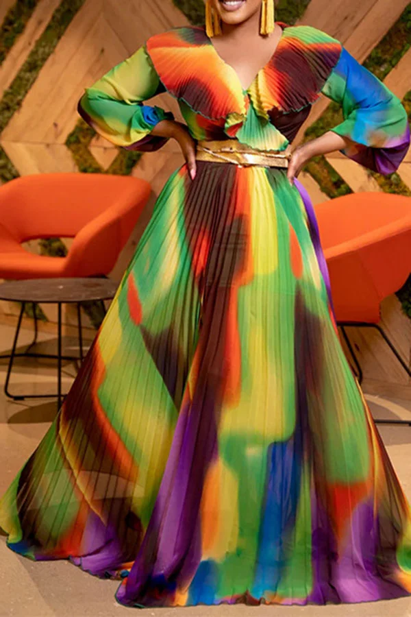 Colorful Gradient Pretty Ruffle Pleated Maxi Dress