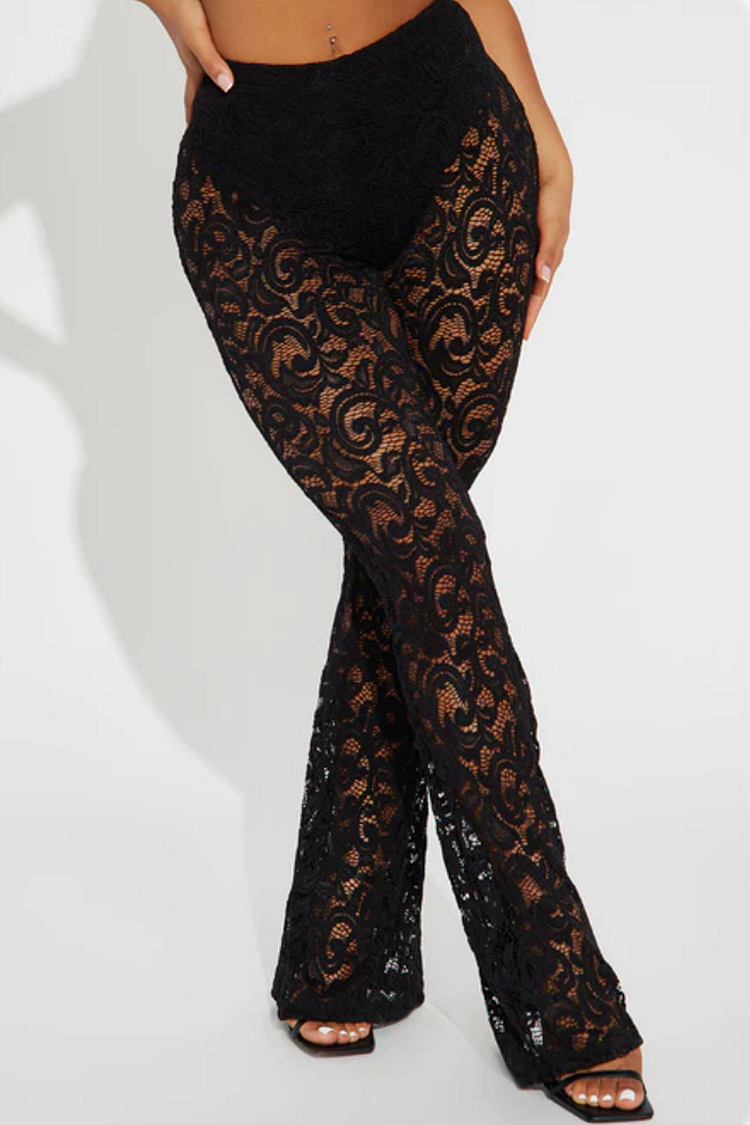 Jacquard Lace See Through Flared Pants-Black