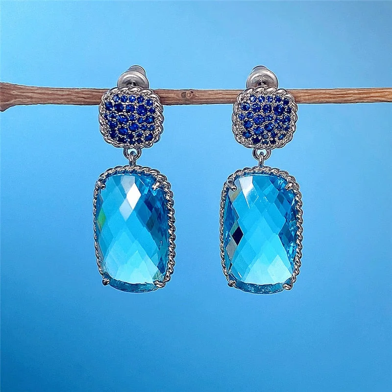 Huitan Novel Design Blue CZ Dangle Earrings Modern Women’s Accessories for Party Daily Wearable Elegant Female Earrings Jewelry