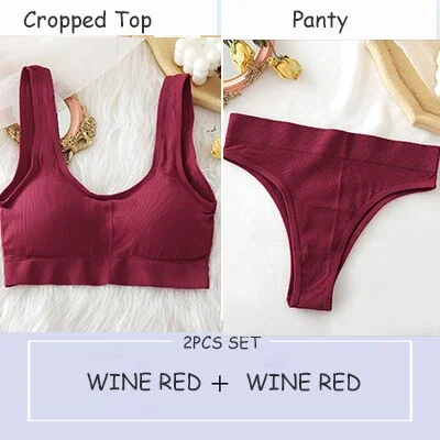 Women's Bra Set Sexy Cropped Top And Pantys Seamless Briefs For Girls Tank Top Thong Lingerie Suit Soft Underwear Sets 6 Colors