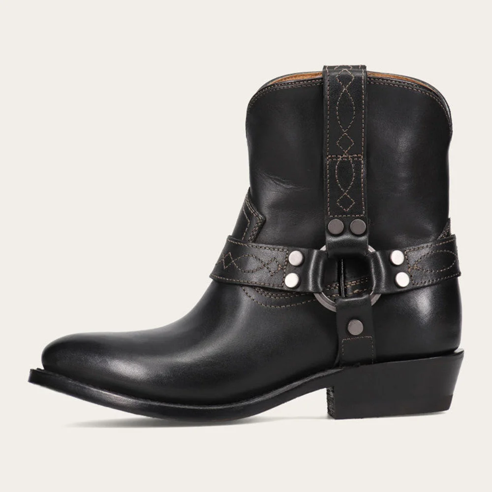 Black Pull Tab Round Toe Low Heel Studded Buckle Strap Ankle Boots