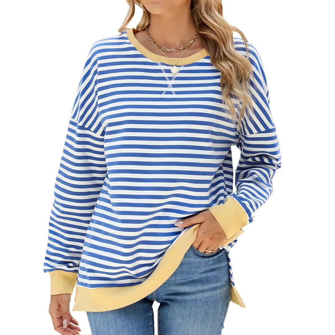 Churchf Churchf New 2024 Round Collar Stripe Splicing Split Loose Hoodie Top