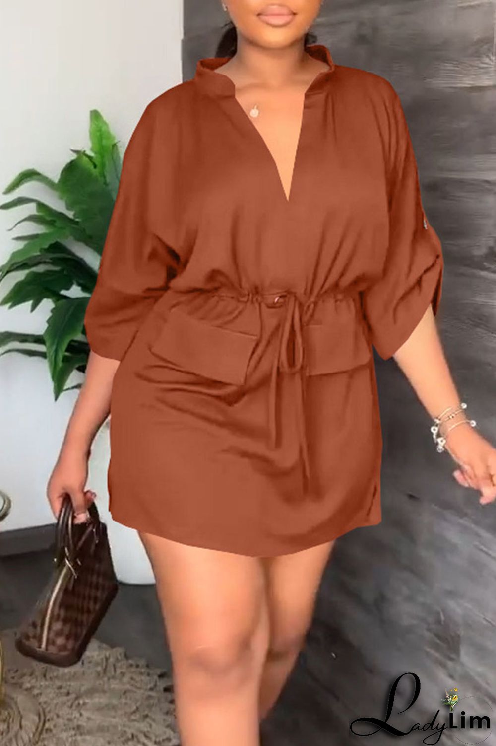 Tangerine Casual Solid Patchwork Draw String V Neck Straight Dresses