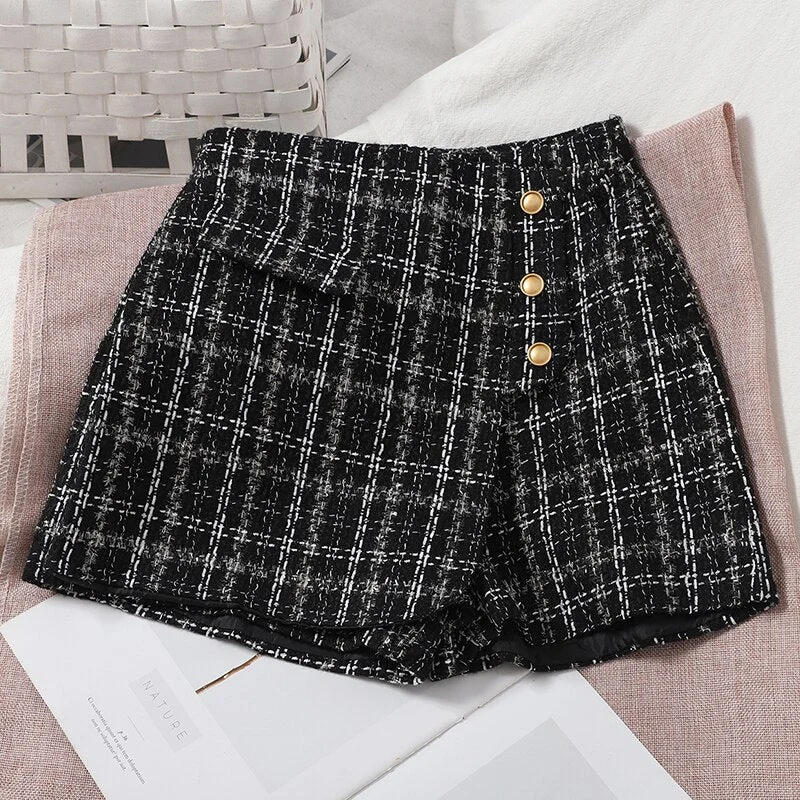 Itoolin Tweed Shorts Women Plaid Buttons Shorts A-line Wide Leg Skirts High Waist Skirts Women 2022 Spring Women Irregular