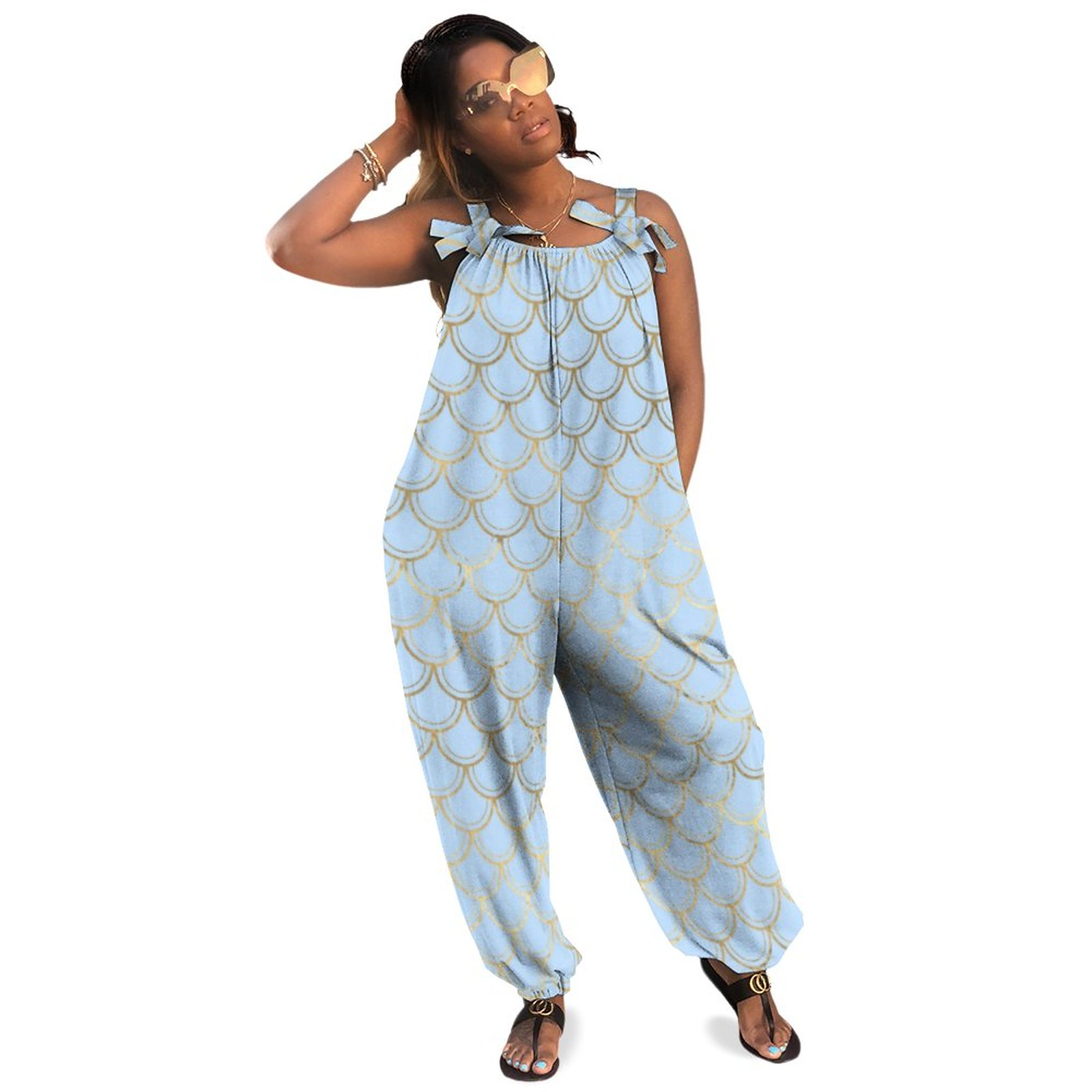 Mermaid Scaled High Waisted Plus Size Women Rompers Summer Casual Loose Sequin Jumpsuit Culotte Coverall Jumpsuit Boho Pockets Polyester Spandex