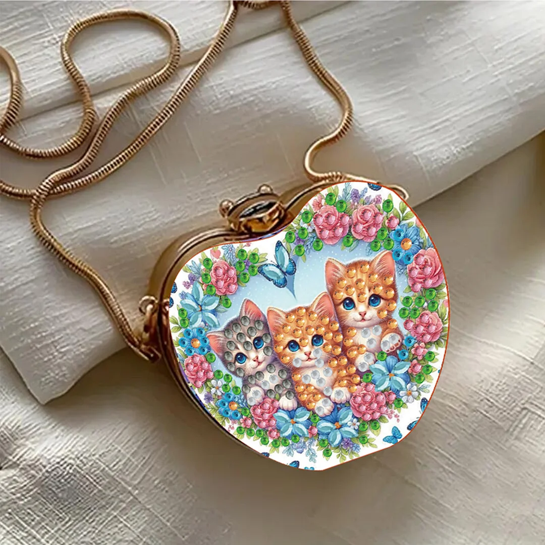 Three Cats DIY Acrylic Love Art Diamond Painting Coin Purse with Chain for Women