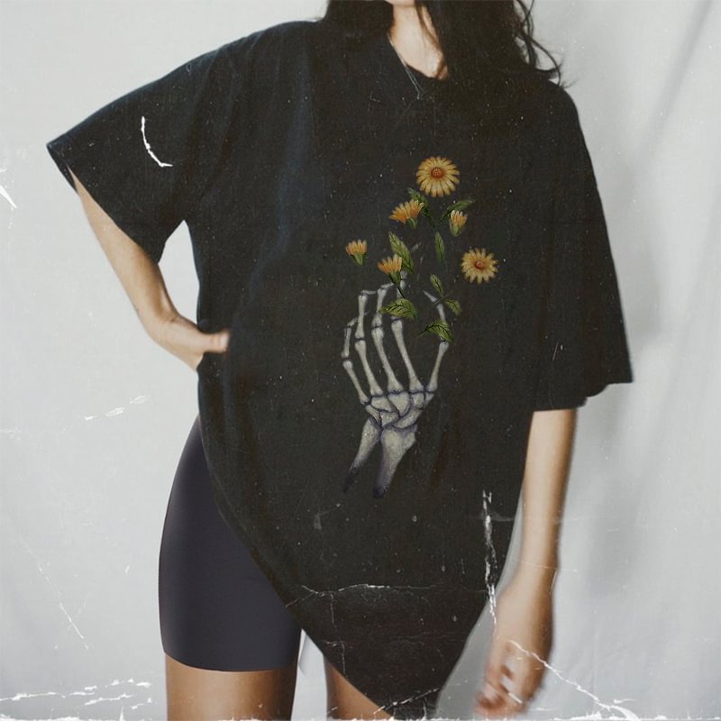   Skeleton hand sunflower printed black designer T-shirt - Neojana