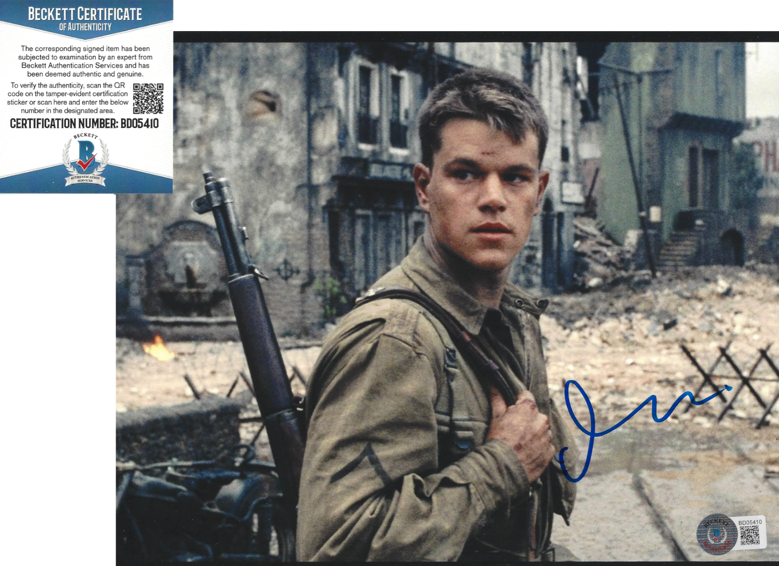 MATT DAMON SIGNED 'SAVING PRIVATE RYAN' 8x10 MOVIE Photo Poster painting 2 ACTOR BECKETT COA BAS