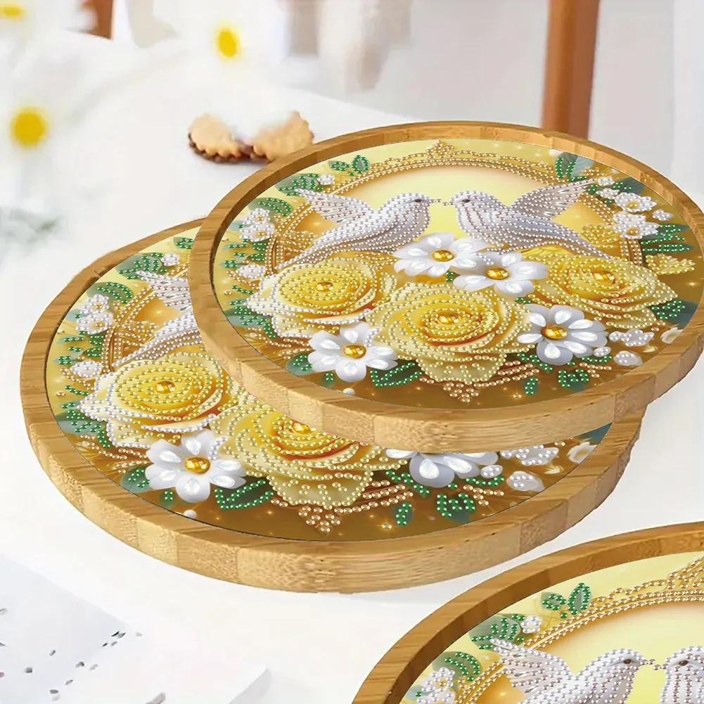 DIY Diamond Painting Kit Round Wooden Tray Diamond Painting Tray (Flower Bird A)