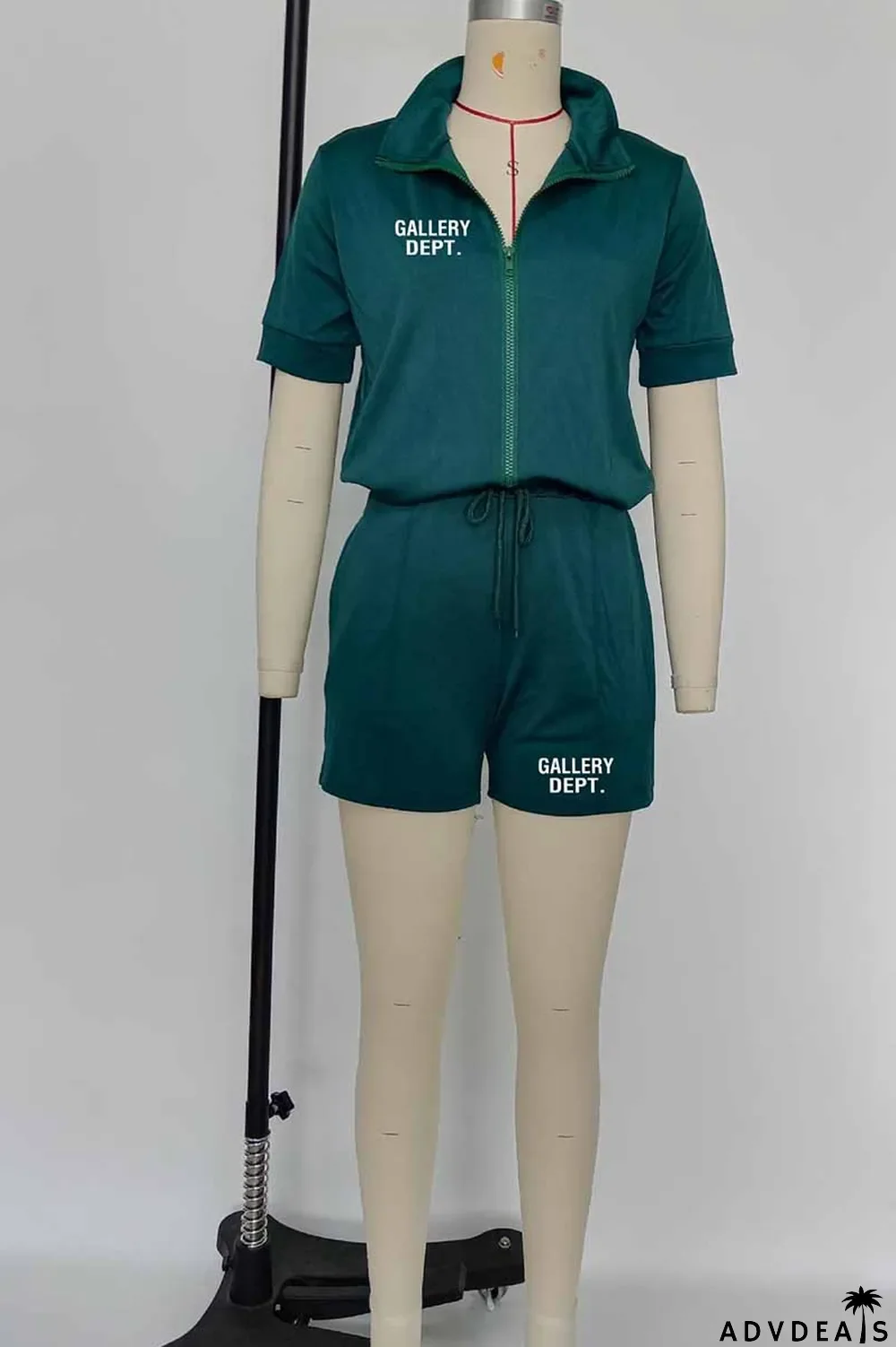 Black Casual Print Letter Zipper Collar Short Sleeve Two Pieces