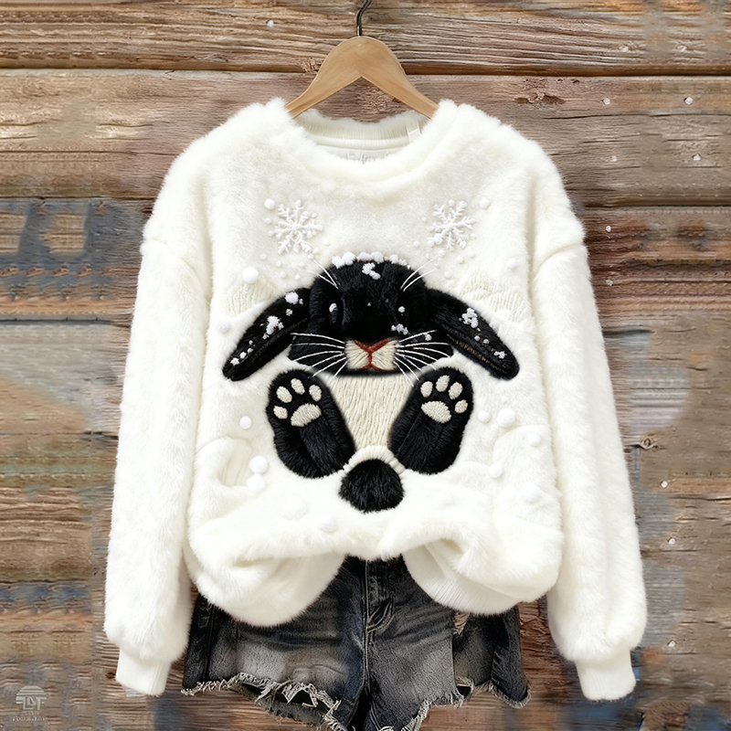 Lovely Bunny & Snow Embroidered Cozy Plush Sweatshirt wearshes